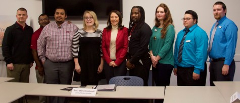 Sen. Maria Cantwell (center) stands with EvCC and WSU North Puget Sound students after their roundtable discussion at EvCC. 