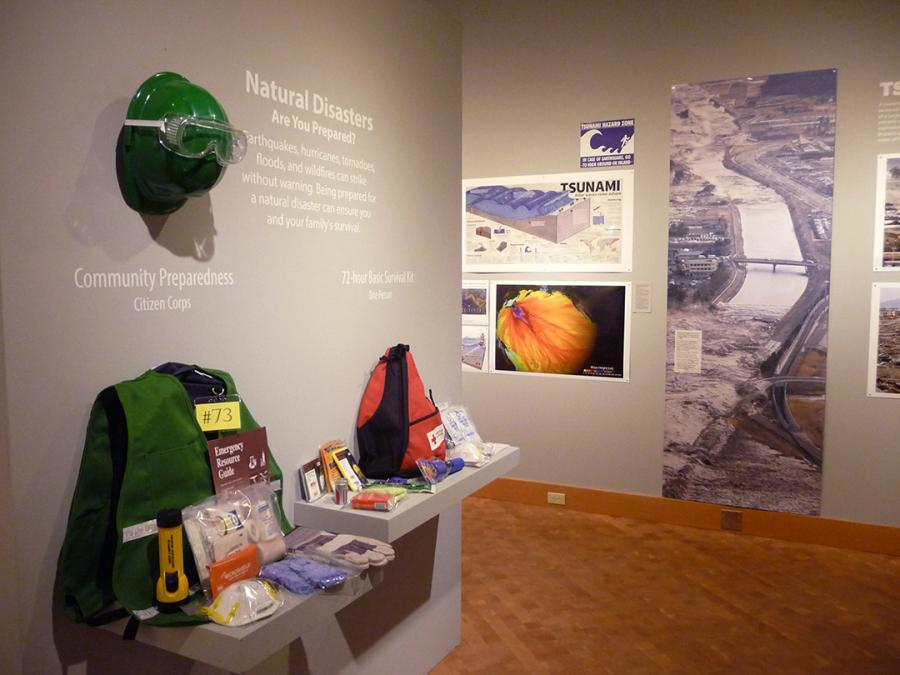 The emergency survival kits displayed in the gallery.