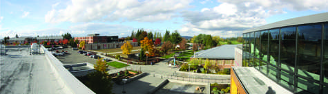 Shuksan and the new grass field, site of the former Index building, seen from the rooftop of Whitehorse Hall.
