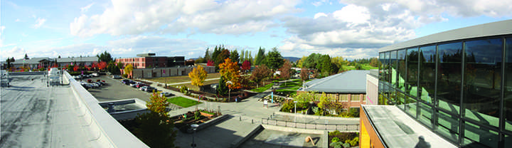 Shuksan and the new grass field, site of the former Index building, seen from the rooftop of Whitehorse Hall.