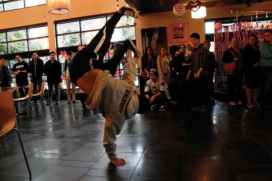 Matthew Balingit of EvCC’s Dance Club wows the crowd with his break dancing skills during EvCC’s 2015 pre-Valentine’s Day Clubfest held in the Parks Student Union Building here on campus.