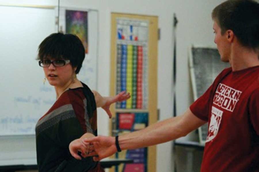 Experimenting with different elements, Quincy Sande
r and Drew Larson focus on poise and presentation
during the Swing Dance Club meeting on Monday Feb.
2, 2015. 