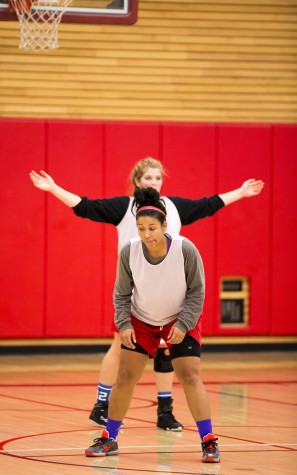 Claire Fyfe guarding the post with her tall frame at practice during 5 on 5 drills on Oct 26 2015.