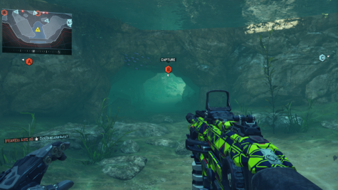 A multiplayer character examines the underwater landscape in 'Hunted". "Black Ops 3" multiplayer introduces underwater combat swimming, in which the player can uniquely maneuver maps and engage in combat with guns drawn. 