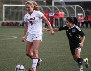 Kristin Snyder takes a shot on goal, during the first round of the NWAC playoffs Wednesday afternoon at Kasch Park.