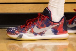 Forest Grant, #5 for the EvCC Men’s basketball team. He likes to rock any Kobe as he is currently playing in the 4th of July colorway of the Kobe 10’s. 