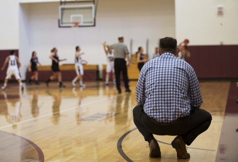 Assistant Coach Wilde looking on, as the EvCC women start to take control in their game battling Whatcom Community College Saturday, January 9th.  