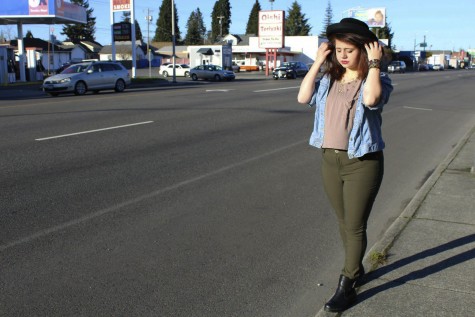 Fashionable and trendy outfits can easily be created out of all thrifted pieces, vintage and modern, as modeled by Lily Collins a future EvCC cosmetology student. 