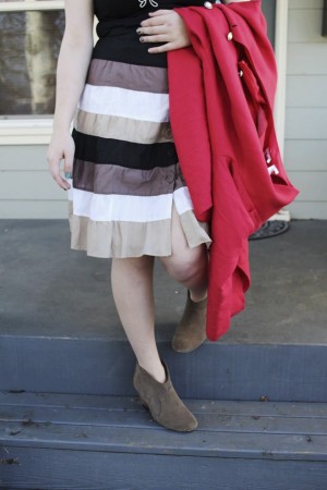 Thrifted heeled booties, high waisted skirt, basic tee, and vintage dress turned into a coat make a great and wallet friendly winter outfit. 