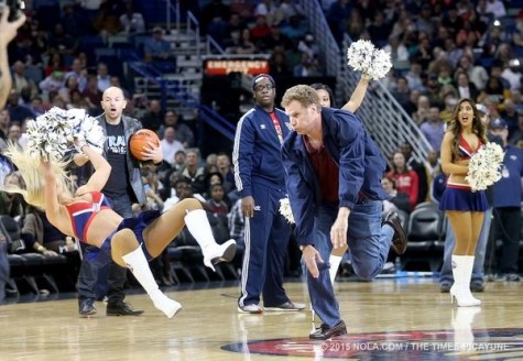 Will Farrell’s “Brad” puts the audience in shock after beaming an unsuspecting cheerleader in the face with a basketball at a LA Lakers game.