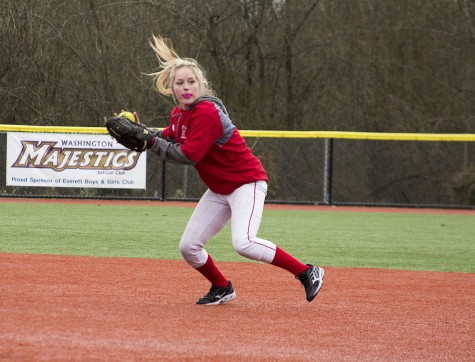 Kiana Smith throwing to first base as the team practices infield drills on March 2, 2016 at Everett’s softball field. 
