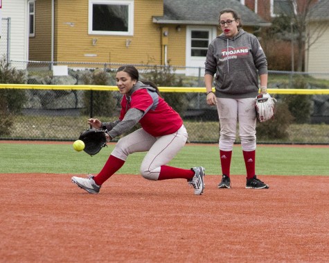 Taryn Salter (left) fields a grounder as Anya Predojevic (right) awaits her turn on March 2, 2016 at Everett’s softball field. 