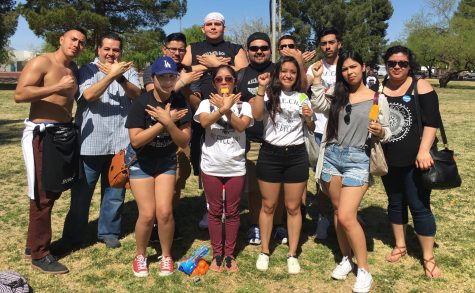 The EvCC MEChA Family. Top Row: Irvin Enriquez, Jose Martinez (Adviser), Sergio Barrera, Alfredo Diaz, Ruben Valdillez, Sergio Huacuja, Jaime Zaragoza. Bottom Row: Miriam Zaragoza, America Martinez, Jessica Ordaz, Kaya George, Leticia Aparicio.