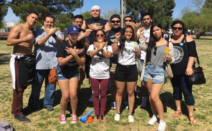 The EvCC MEChA Family. Top Row: Irvin Enriquez, Jose Martinez (Adviser), Sergio Barrera, Alfredo Diaz, Ruben Valdillez, Sergio Huacuja, Jaime Zaragoza. Bottom Row: Miriam Zaragoza, America Martinez, Jessica Ordaz, Kaya George, Leticia Aparicio. 