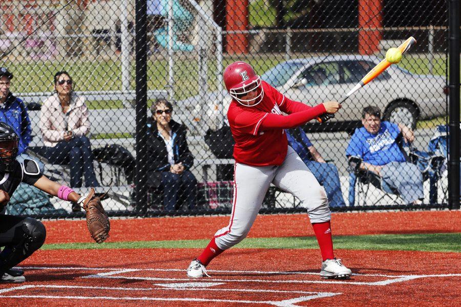 Anya Predojevic hitting the ball into the infield against Edmonds Community College on April 26th 2016. 