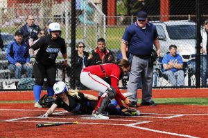 Anya Predojevic tagging out a runner from Edmonds Community College on April 26th 2016. 