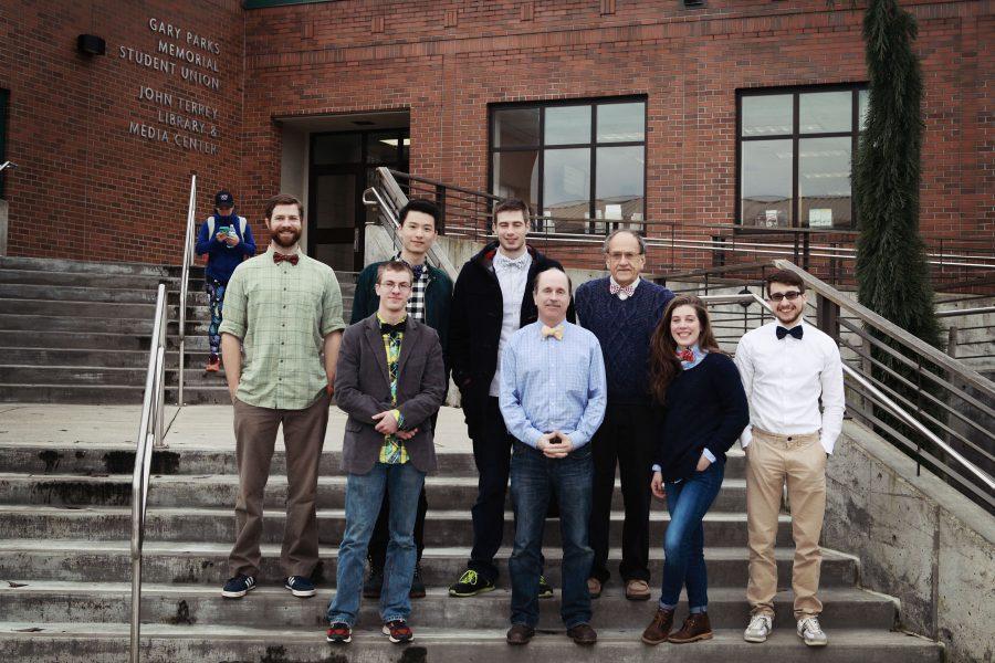 Bow Tie Day, Mike Nevins and members of the tutorial staff, from left to right.  Mike Nevins professor, Ho Tin Li student tutor, Chase Waldo peer tutor, Jerry Weibel Professor and tutor, bottom row David Adams student, Eric Nitardy staff tutor, Candace Ronhaar staff tutor, Jon Woods Professor tutor.