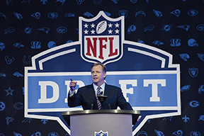 NFL Commissioner Roger Goodell stands at the podium prior to announcing the first pick in the 2016 NFL draft.