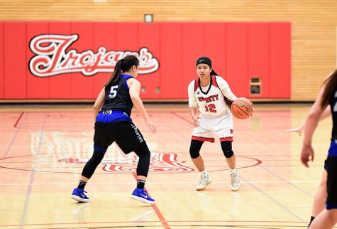 Aloha Salem sizes up a Clark defender at the top of the key.