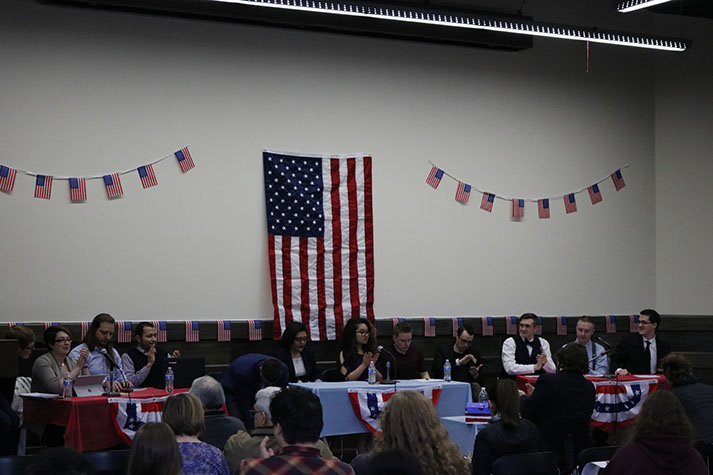 Club members from the College Democrats, College Republicans and the Young Americans for Liberty answer questions submitted by students at the EvCC Town Hall on February 27, 2018.