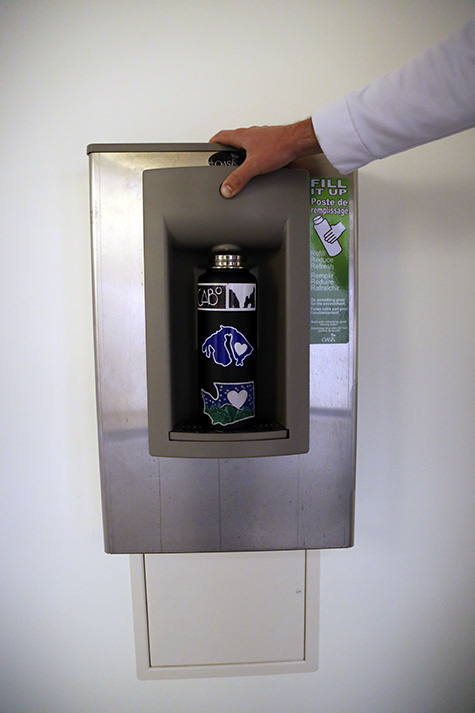 Water bottle filling stations were installed as a result of sustainability projects. The proposed green fee could contribute to more stations around campus. EvCC currently has 4 filling stations: one in Olympic Hall, one in the Parks building, one in Liberty Hall and one in the Fitness Center.