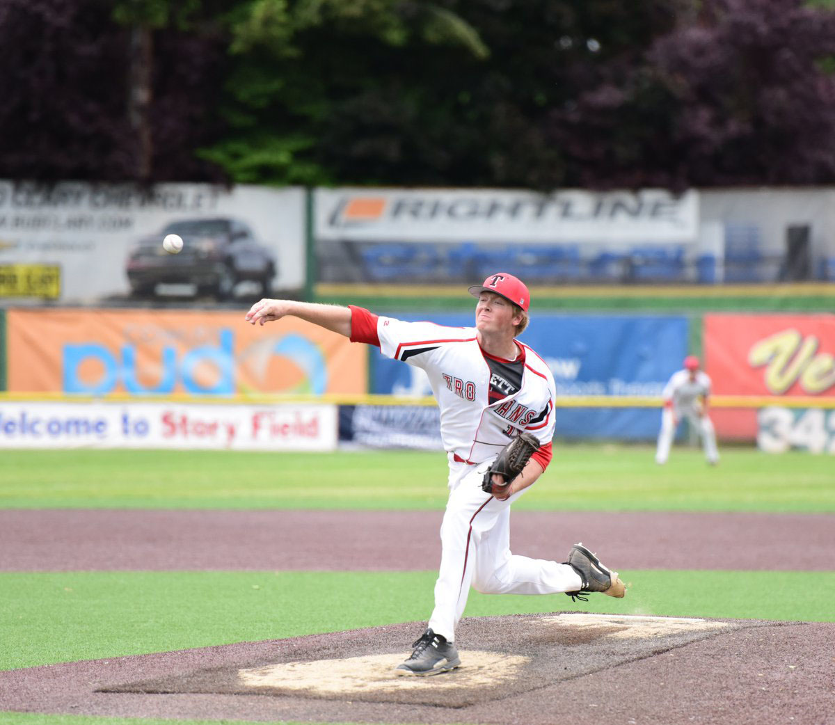 Alex Spahman delivers a pitch against Edmonds in an NWAC Championship elimination game. Spahman hopes to field out four year offers to continue playing baseball in the fall.