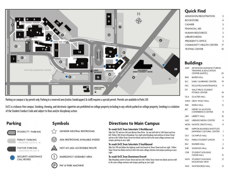 EvCC campus map showing blue phones