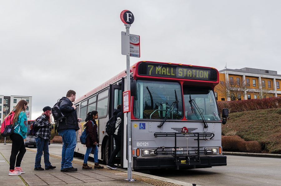 EvCC students demonstrate a sustainable practice by making use of the public transit system. 