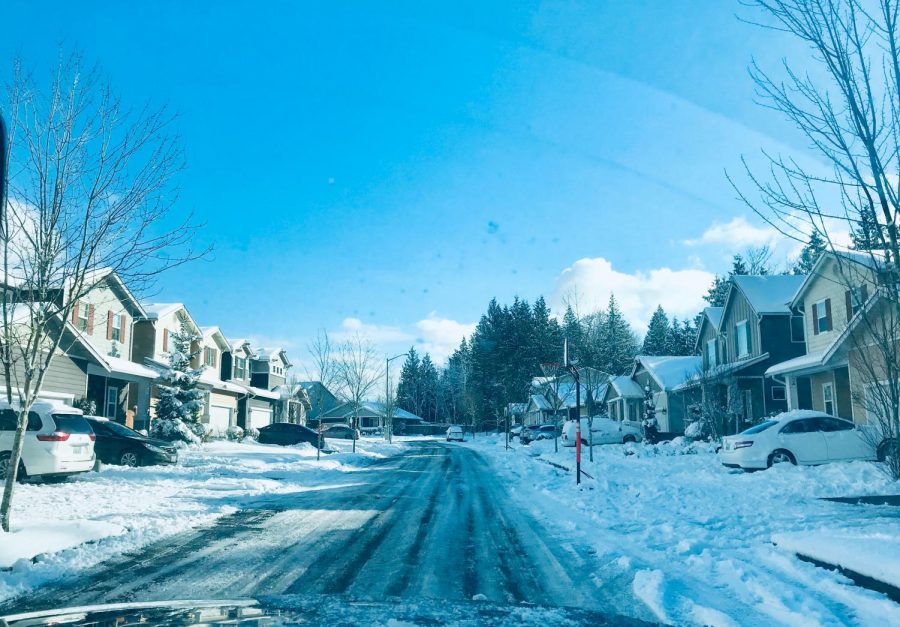 Freezing snow on back streets in Tulalip, WA.