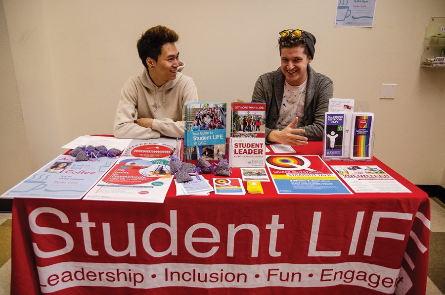 Ambassadors Cameron Calder and Ben Doung at a Student LIFE info booth providing information on services and activities for fellow students. 