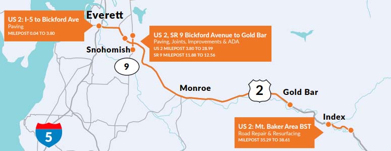 US2 project map highlights areas in which construction will take place.