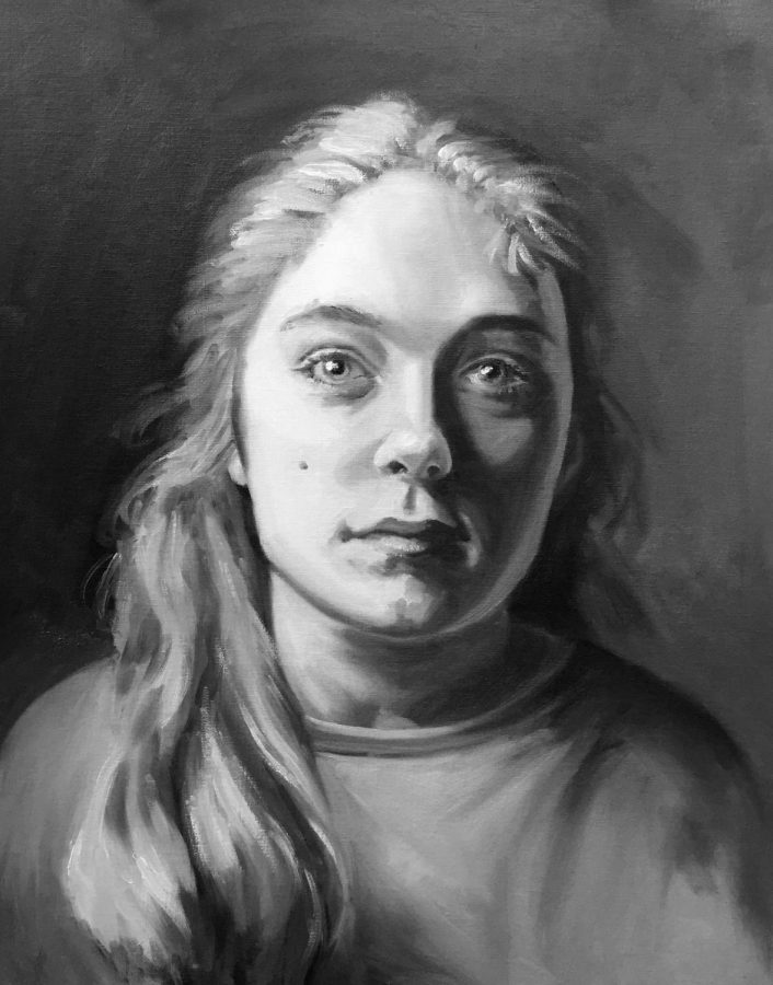 Artist Rachel Hamiltons Self Portrait. Hamilton says the project is done in Painting II. Special thanks to the winter 2019 Studio Photography II class for taking the reference picture. I couldn’t have done it without you! 

The image was made in Hamilton’s Painting II class. The self-portrait was based off a photograph taken by a student in the winter Studio Photography II class. 
