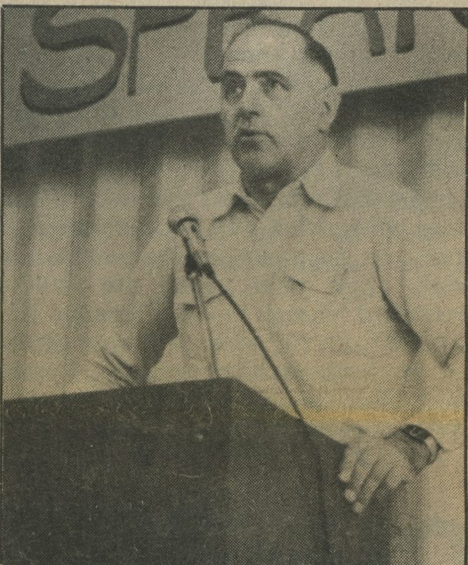 George Herrman, EvCC Woodshop instructor and Korean War veteran speaks about the draft at the Speak Out event held on Feb. 27, 1981.