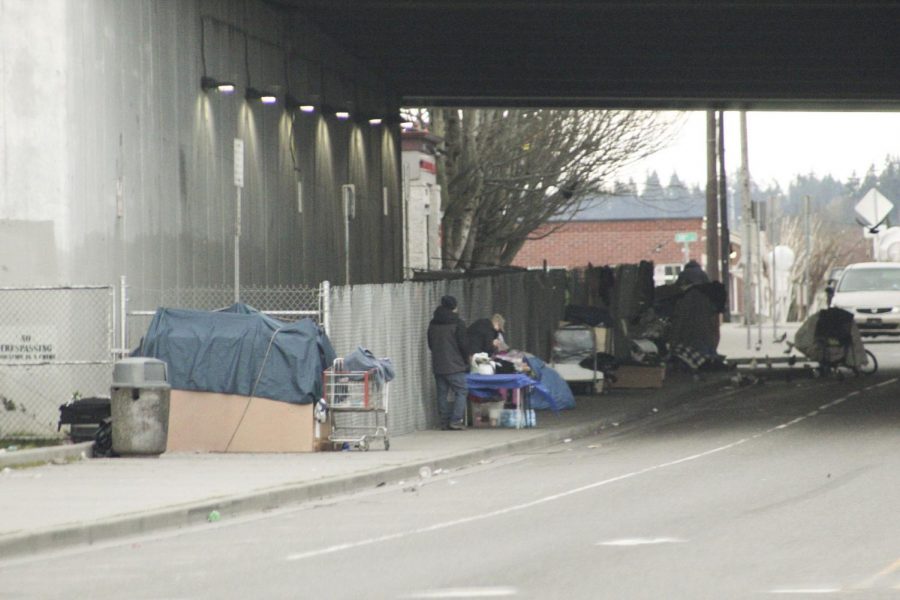 Homeless people in Everett, Washington camping under the bridge on Smith Ave.