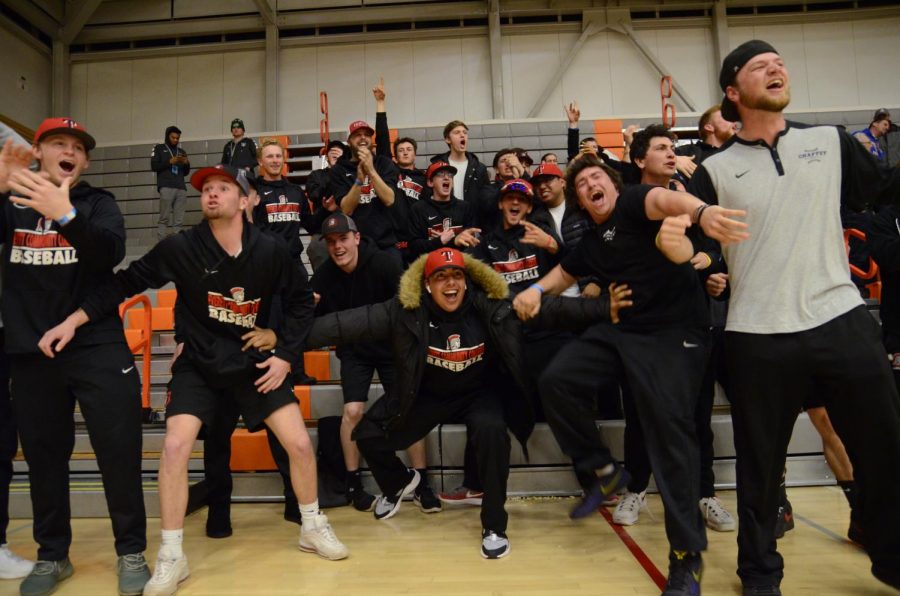 EvCC baseball players cheer on the EvCC basketball team from the sidelines at a game held in March of 2019.  On March 18, 2020, the Northwest Athletic Conference (NWAC) decided to immediately cancel all spring sports competitions.