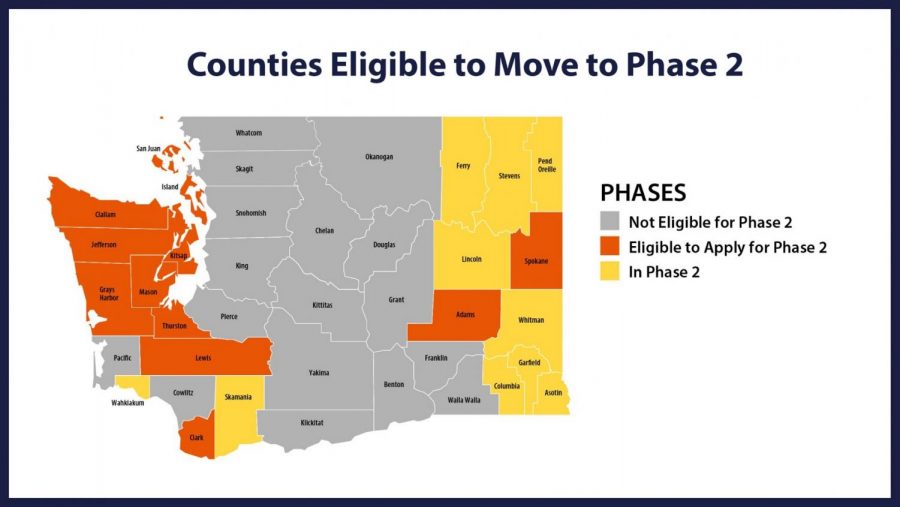 Washington State counties that are eligible to apply for a variance to enter into Phase 2 of the states Safe Start plan, on May 19, 2020.