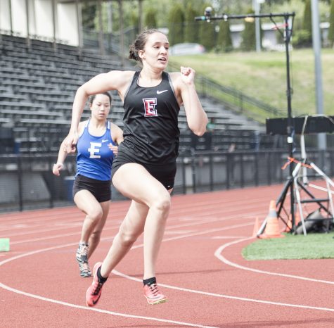 Sophomore Mona Kahsai running the 400m dash on May 8, 2021 at the NWAC Championships.