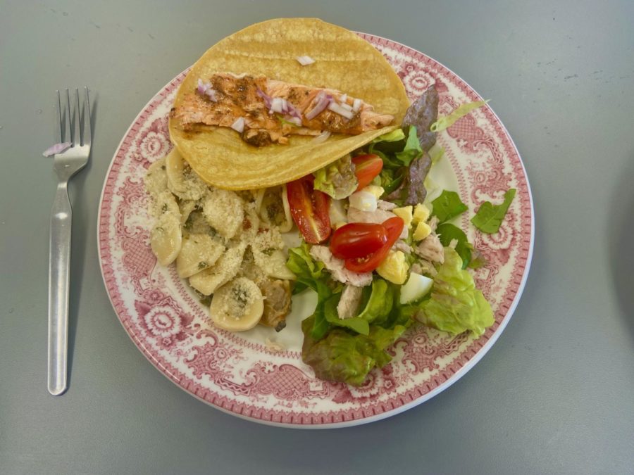 Pictured is one students plate before we all sat down to eat outside. On the plate is the salmon fish tacos, clam pasta, and nicoise salad.