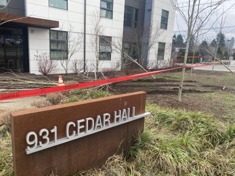 Cedar Hall, following the automobile incident that occurred on February 7th, 2022. Red tape protects a scene on carved-up dirt and trampled trees.