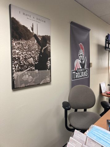 MLK I Have A Dream and Everett Trojan banner in the Diversity and Equity Center (Courtesy of EvCC)