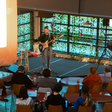 Alice Kristiensen plays for the students of EvCC in the cafeteria of the Parks Student Union building.