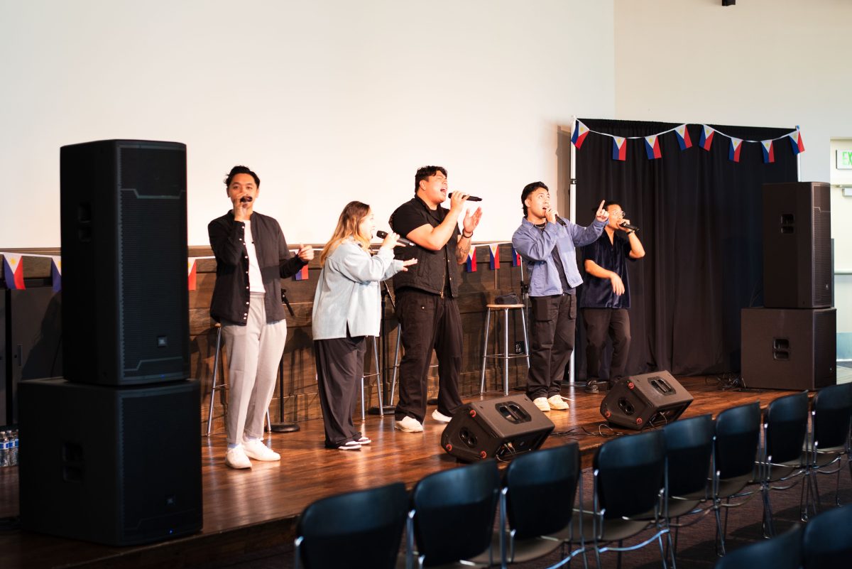 (Left to right) Amer Quilala, Monica Mandapat, Joe Caigoy, Ian McCoy and Matthew Marquez show off their vocal talents for EvCCs Asian American and Pacific Islander month.