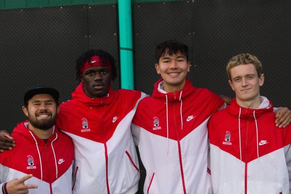 The four scorers from men's soccer match against Edmonds. (From left to right) Cristiano Whitaker, Anthony Henry, Brock Larsen and Lunden Fenster.