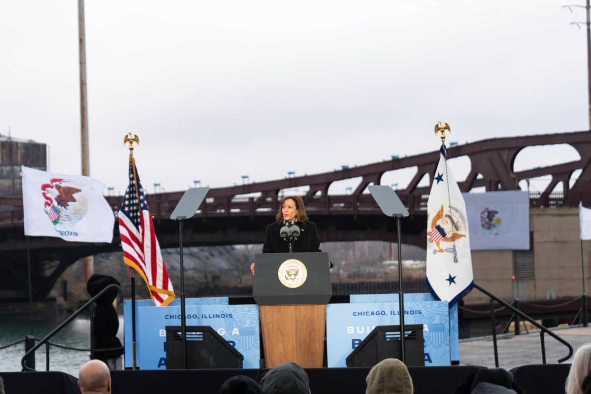 Vice President Harris speaking in Chicago, Illinois in October of 2024.
(Public domain, via Wikimedia Commons.)