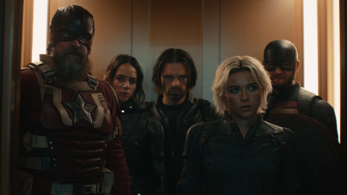 (Left to right): Alexei Shostakov aka Red Guardian (David Harbour), Ghost (Hannah John-Kamen), Bucky Barnes (Sebastian Stan), Yelena Belova (Florence Pugh) and John Walker aka U.S. Agent (Wyatt Russell) riding an elevator a fight.