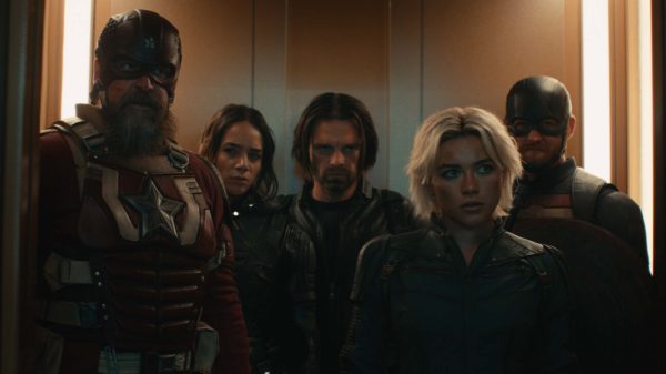(Left to right): Alexei Shostakov aka Red Guardian (David Harbour), Ghost (Hannah John-Kamen), Bucky Barnes (Sebastian Stan), Yelena Belova (Florence Pugh) and John Walker aka U.S. Agent (Wyatt Russell) riding an elevator a fight.