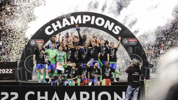 Seattle Sounders celebrating their championship win after defeating Pumas during the 2022 CONCACAF Champions League