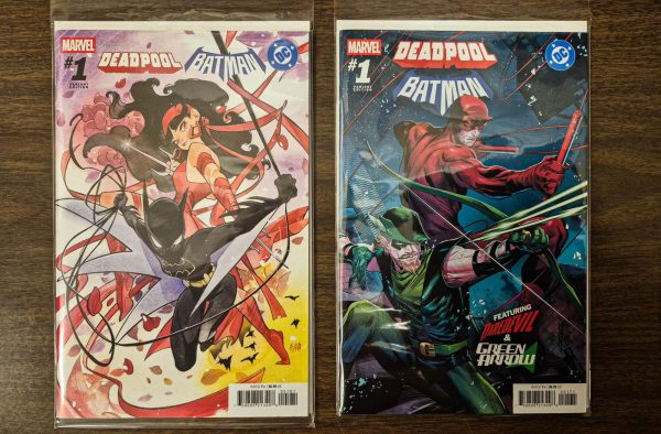 Two variant covers of "Marvel/DC: Deadpool/Batman #1" drawn by Peach Momoko (Left) and Marco Checchetto (Right).