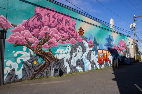 GAK (Graffiti Artist Kings) crew members Shisha and Karoe painted a Japanese garden on the side of The Loft Coffee Bar located in downtown Everett near the intersection of Hewitt and Grand Avenue.