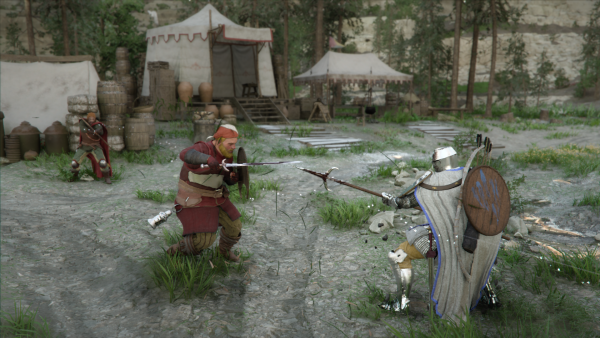 Kliff readies his spear at a bandit that charges at him with a raised sword and shield